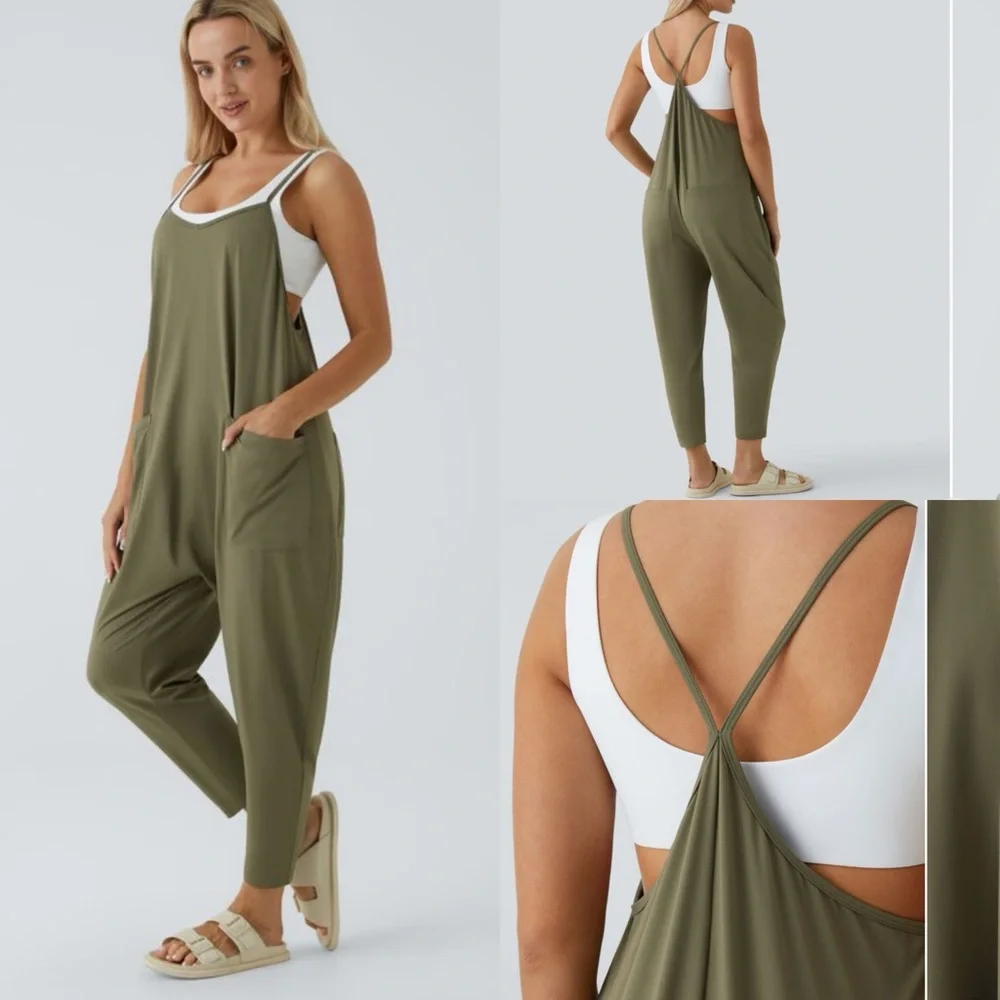 Halara Backless Multiple Pockets Ankle Length Casual Loose Tapered Jumpsuit LG - Picture 1 of 14